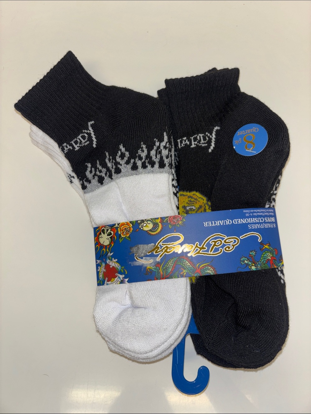 Youth Low-Cut Crew Socks - Black & White, Pack of 8 NEW NWT Ed Hardy